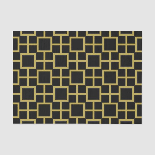 Papier Mousseline Motif Carré moderne or sur noir (Recto)