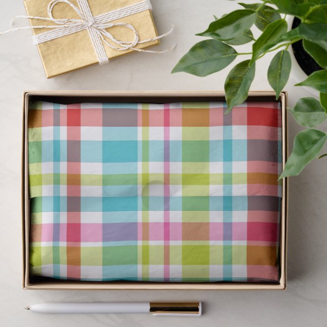 Papier Mousseline Motif carreaux plaid arc-en-ciel vif (Cadeau)