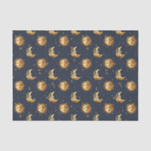 Papier Mousseline Motif Céleste Soleil & Lune Nuit Étoilée Dorée