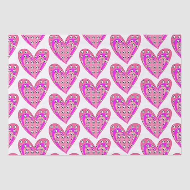 Papier Mousseline Motif Coeurs Roses Et Boules De Football (Recto)