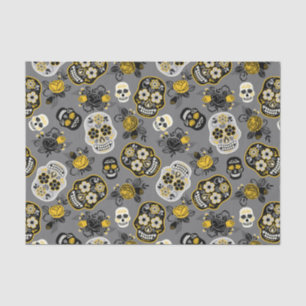 Papier Mousseline Motif crâne jaune noir et blanc