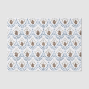 Papier Mousseline Motif damassé bleu clair avec pommes de pin