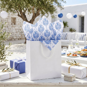 Papier Mousseline Motif damassé méditerranéen bleu blanc élégant