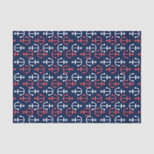 Papier Mousseline Motif d'Ancres nautiques rouge corail et blanc