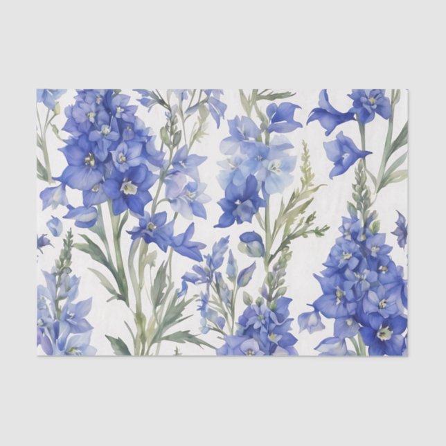 Papier Mousseline Motif d'aquarelle Delphinium en bleu gras (Recto)