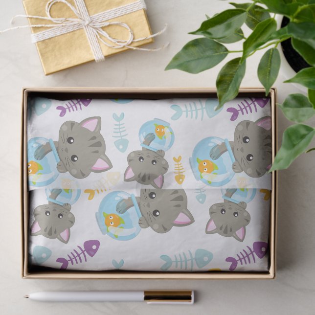 Papier Mousseline Motif De Chats, Chats Mignons, Chatons, Poisson (Cadeau)