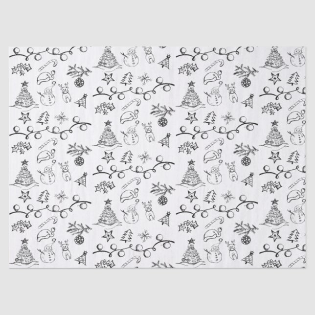Papier Mousseline Motif de dessins de Noël noir et blanc (Recto)