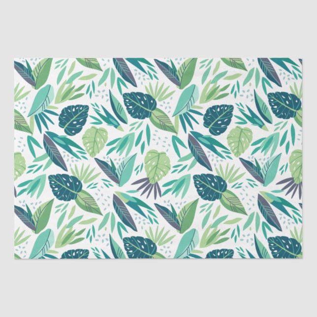 Papier Mousseline Motif De Feuilles Vertes Tropicales Agréées Sur Bl (Recto)