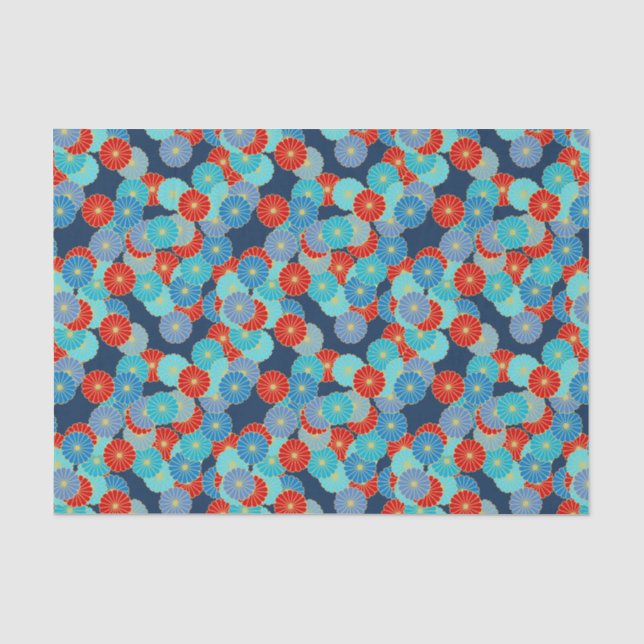 Papier Mousseline Motif de fleur d'art déco - bleu, turquoise et (Recto)