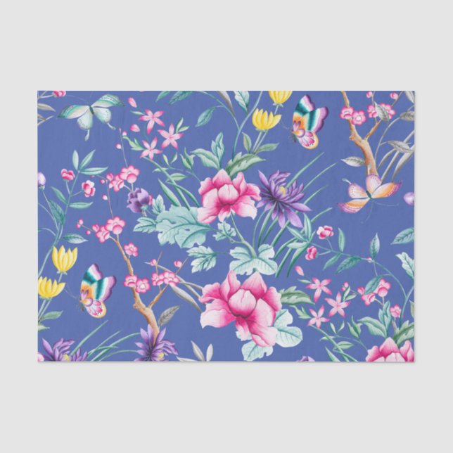 Papier Mousseline Motif de fleurs et papillons bleu profond (Recto)