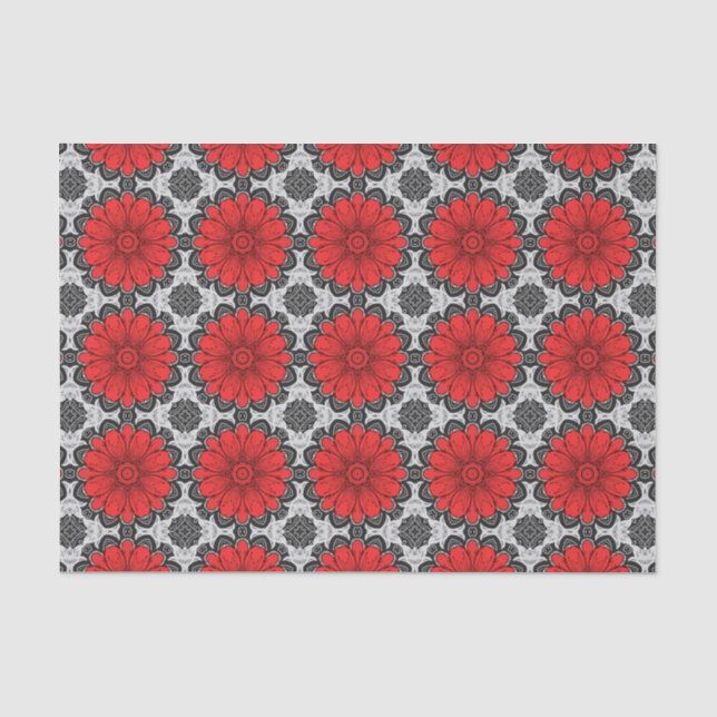 Papier Mousseline Motif de marguerite géométrique en rouge noir et b (Recto)