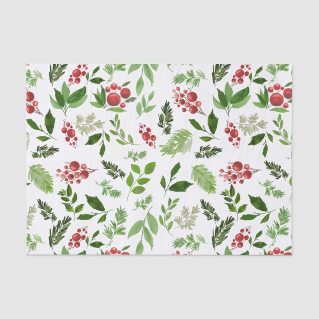 Papier Mousseline Motif de Noël Holly Feuilles Red Berry (Recto)