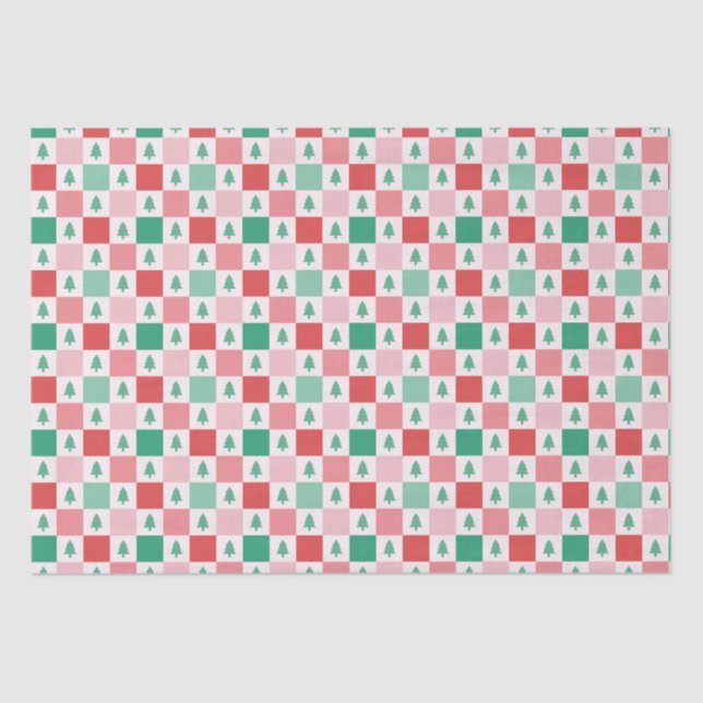 Papier Mousseline Motif de Noël Retro Checkers - Rouge Rose Vert (Recto)