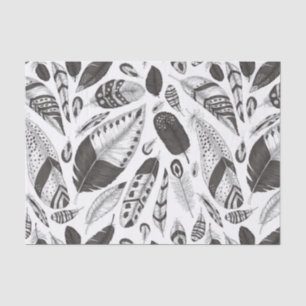 Papier Mousseline Motif de plumes noir et blanc