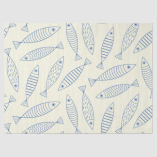 Papier Mousseline Motif de poisson sardine bleu doodle contour