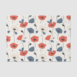 Papier Mousseline Motif de Poppies d'aquarelle - Rouge, Bleu et Blan