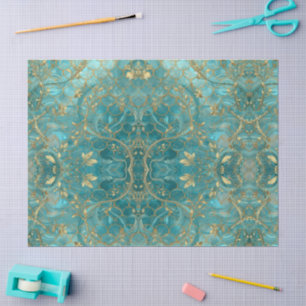 Papier Mousseline Motif d'écailles de sirène Aqua Pearlescent & Or