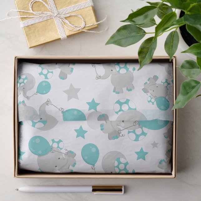 Papier Mousseline Motif Des Eléphants, Eléphants Mignons - Gris Bleu (Cadeau)