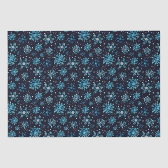 Papier Mousseline Motif des flocons de neige d'hiver bleu et argent (Recto)