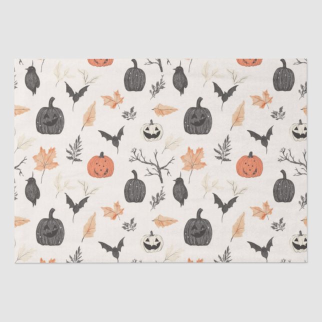 Papier Mousseline Motif d'Halloween avec citrouilles et oiseaux. (Recto)