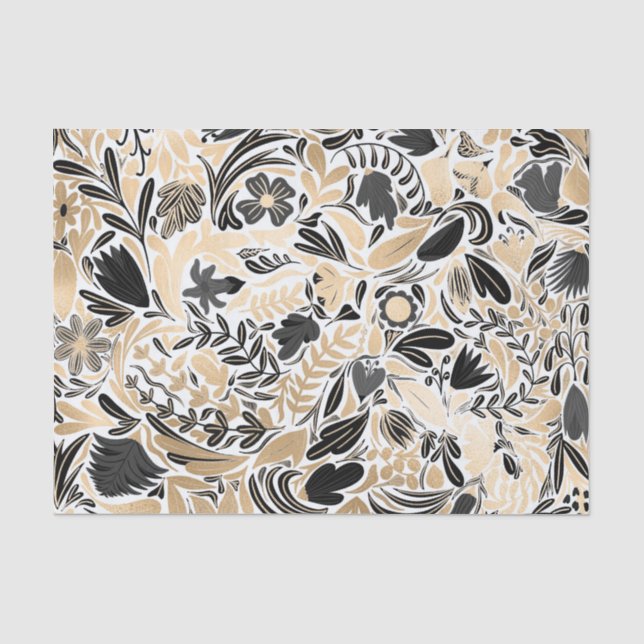 Papier Mousseline Motif d'illustration de Feuilles floraux noirs d'o (Recto)