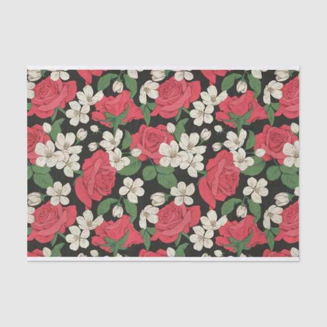 Papier Mousseline Motif d'illustrations de roses rouges et de fleurs (Recto)
