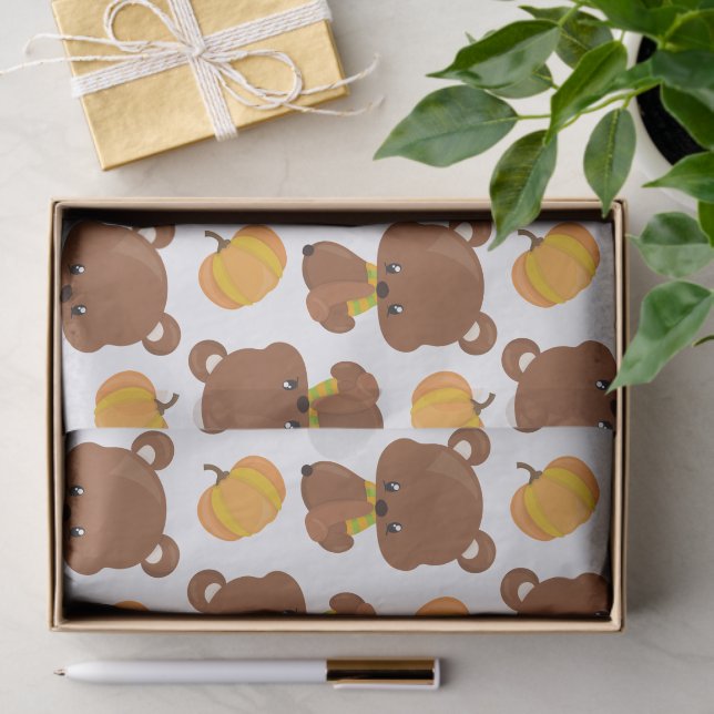 Papier Mousseline Motif D'Ours, Ours Mignons, Automne, Citrouille (Cadeau)