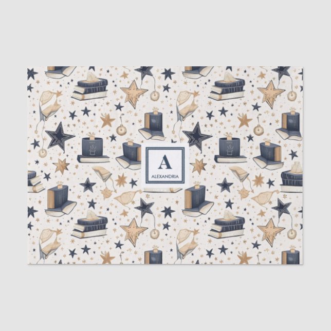 Papier Mousseline Motif Elegant Blue & Gold (7) (Recto)