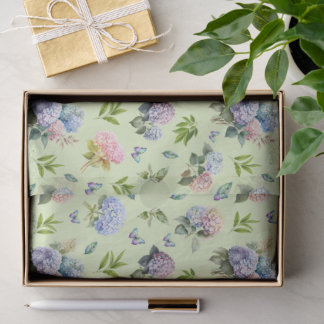 Papier Mousseline Motif Élégant Hydrangea Vert Floral Rose Bleu