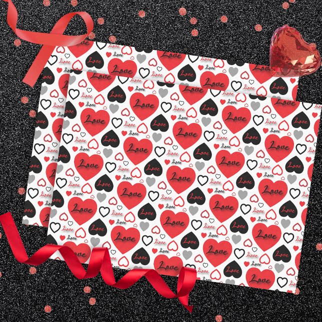 Papier Mousseline Motif élégant tendance Coeurs d'Amour Rouge et Noi (Créateur téléchargé)