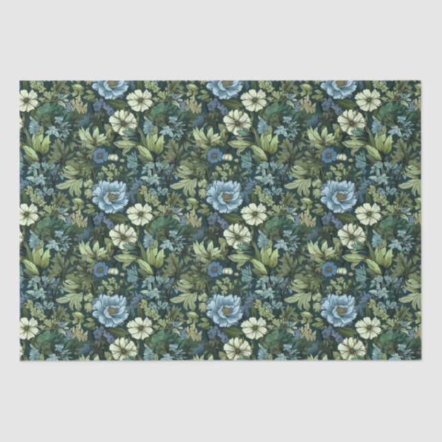Papier Mousseline Motif Fleur sauvage victorien bleu et vert (Recto)