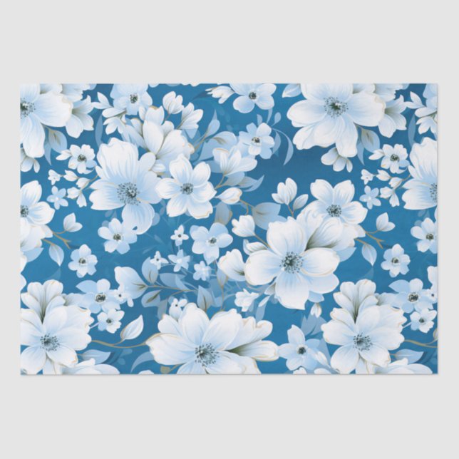 Papier Mousseline motif, fleurs blanches, arrière - plan bleu, (Recto)
