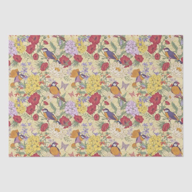 Papier Mousseline Motif floral Hydrangea Lilac Bluebell Birds (Recto)