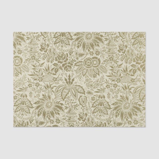 Papier Mousseline Motif Floral Vert Sage Antique Damas (Recto)