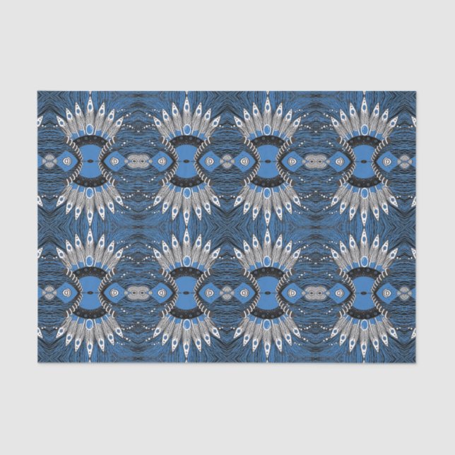 Papier Mousseline Motif graphique Boho Blue Feather (Recto)