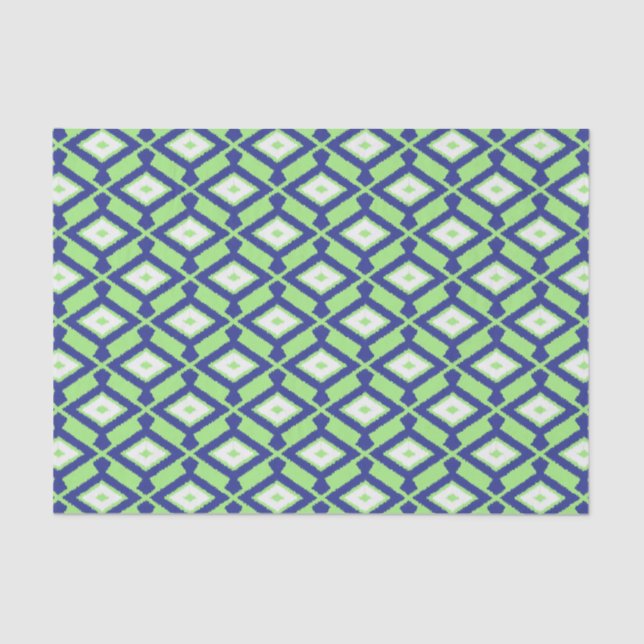 Papier Mousseline Motif Ikat - Vert, Indigo Bleu et Blanc (Recto)