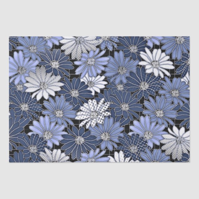 Papier Mousseline Motif marguerite bleu et blanc (Recto)