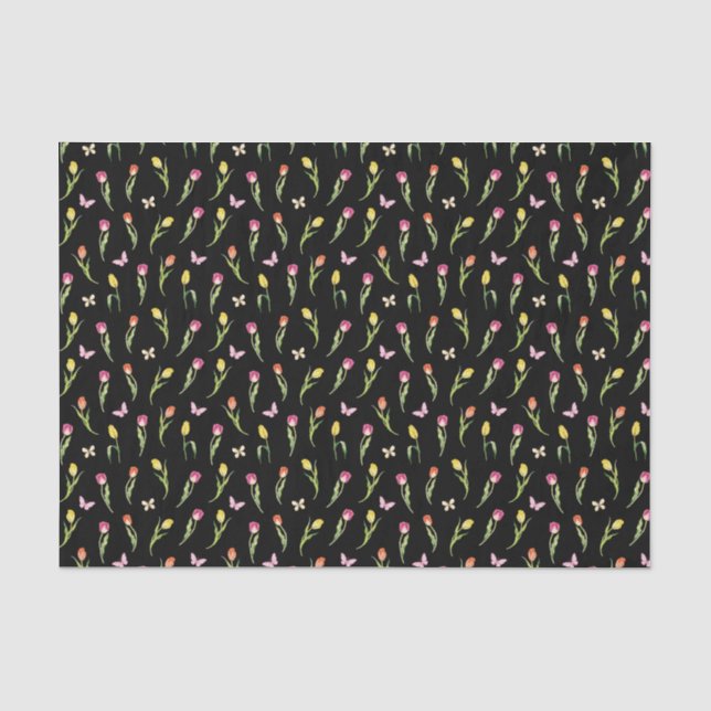 Papier Mousseline Motif noir de tulipes et de papillons  (Recto)