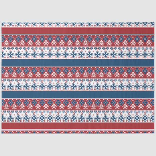 Papier Mousseline Motif norvégien rayé bleu rouge (Recto)