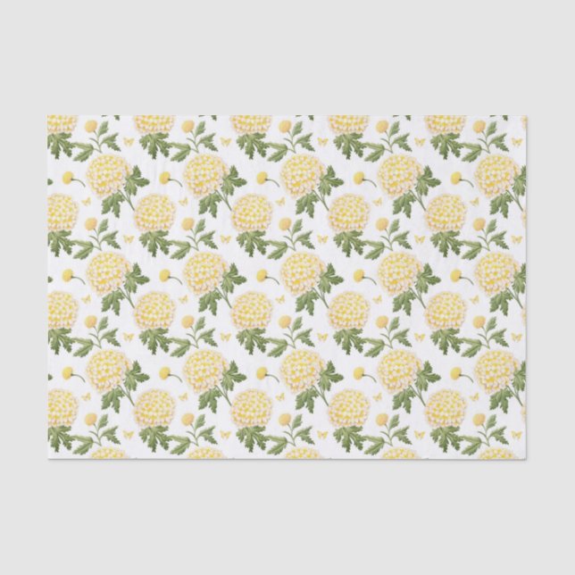 Papier Mousseline Motif Papillons Fleurs Hydrangea Jaune Élégant (Recto)