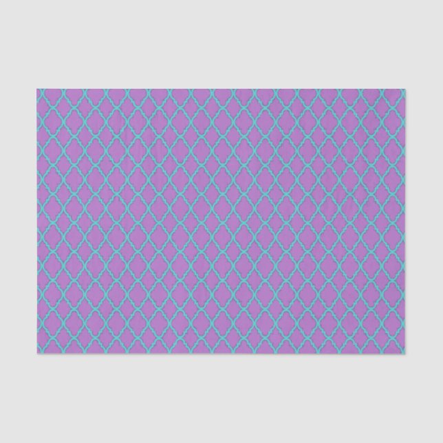 Papier Mousseline Motif Quatrefoil Turquoise et violet marocain (Recto)