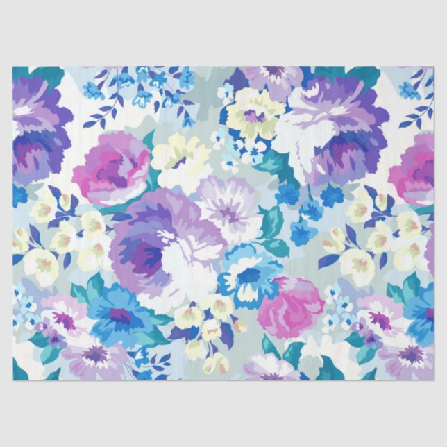 Papier Mousseline Motif rose blanc et bleu Fleurs d'été (Recto)