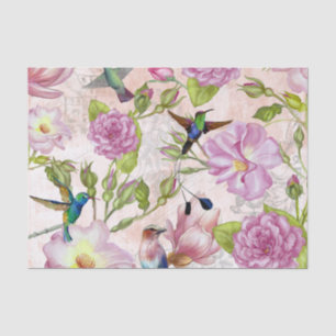 Papier Mousseline Motif rose de fleurs et de colibris de cru