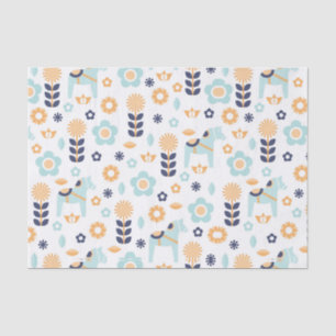 Papier Mousseline motif scandinave bleu jaune-orange d'art populaire