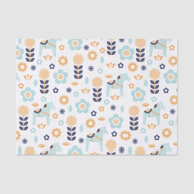 Papier Mousseline motif scandinave bleu jaune-orange d'art populaire (Recto)