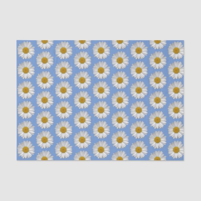 Papier Mousseline Motif simple blanc marguerite sur bleu (Recto)