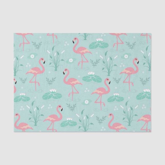 Papier Mousseline Motif vert Flamants roses rose Pastel (Recto)