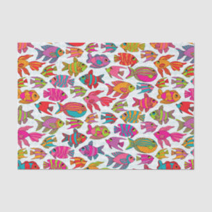 Papier Mousseline Motif vert turquoise rose poisson tropical