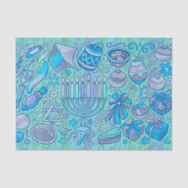 Papier Mousseline Motifs Hanoukka amusants tout bleu (Recto)