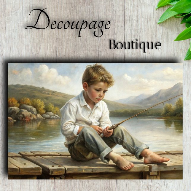 Papier Mousseline Mountain Lake Reverie Fishing Boy Decoupage (Mountain Lake Reverie Young Angler's Contemplation Decoupage Tissue Paper By Decoupage Boutique)